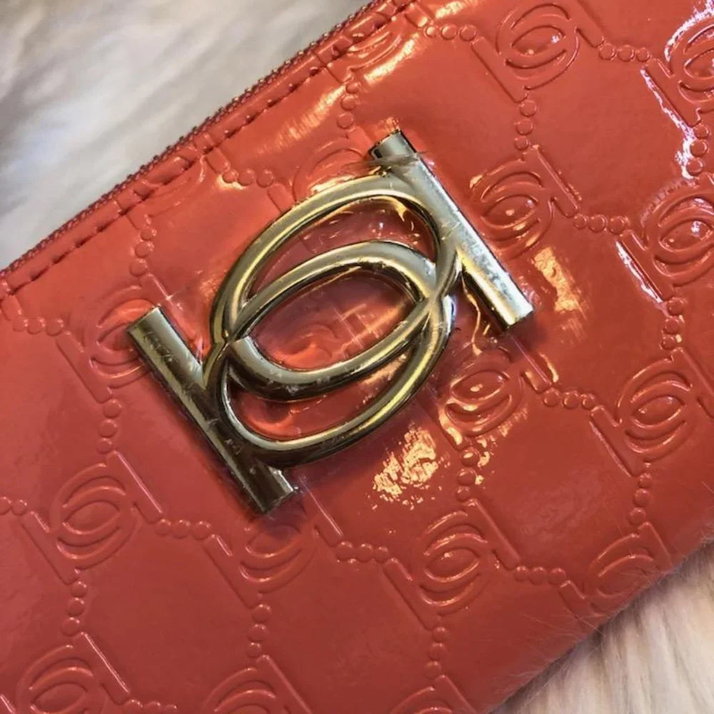 Bebe Patent Popped Monogram Coral Wallet